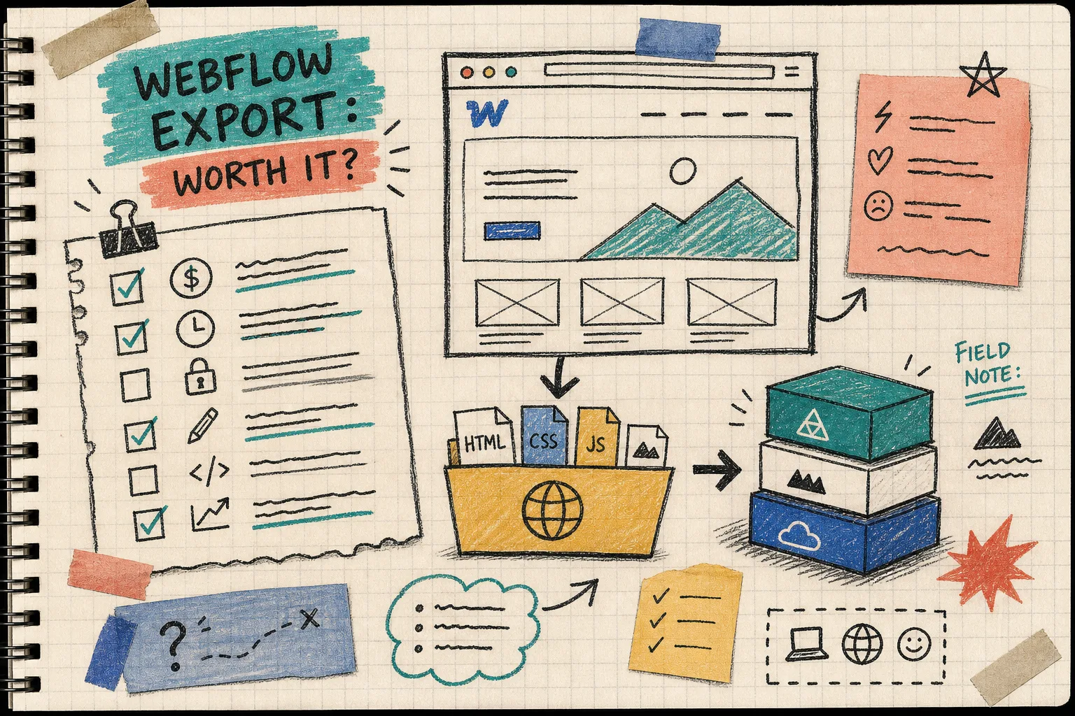 Notebook illustration of a Webflow export checklist