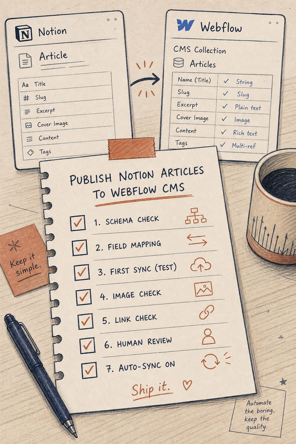 Hand-drawn publishing checklist for SyncFlow
