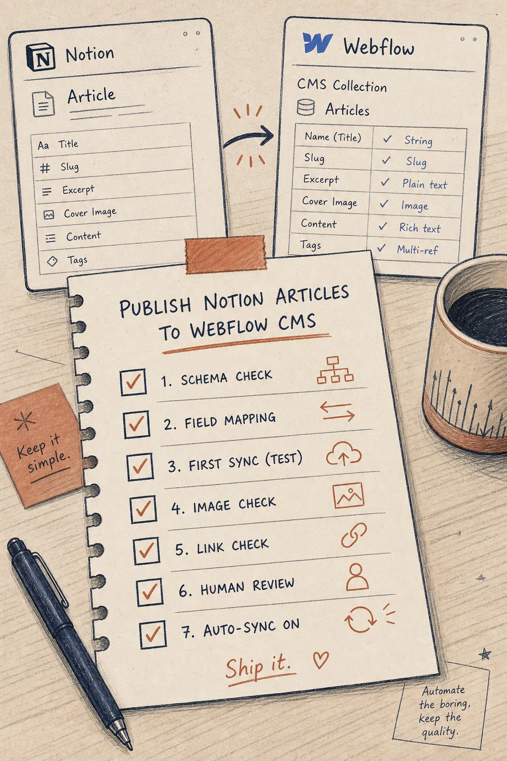 Hand-drawn publishing checklist for SyncFlow