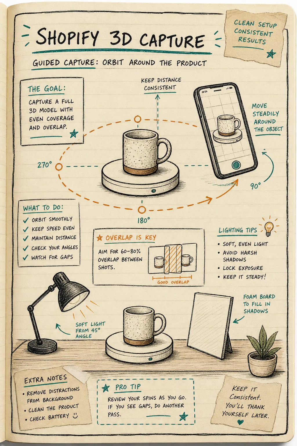 Guided phone orbit capture around a product on a turntable