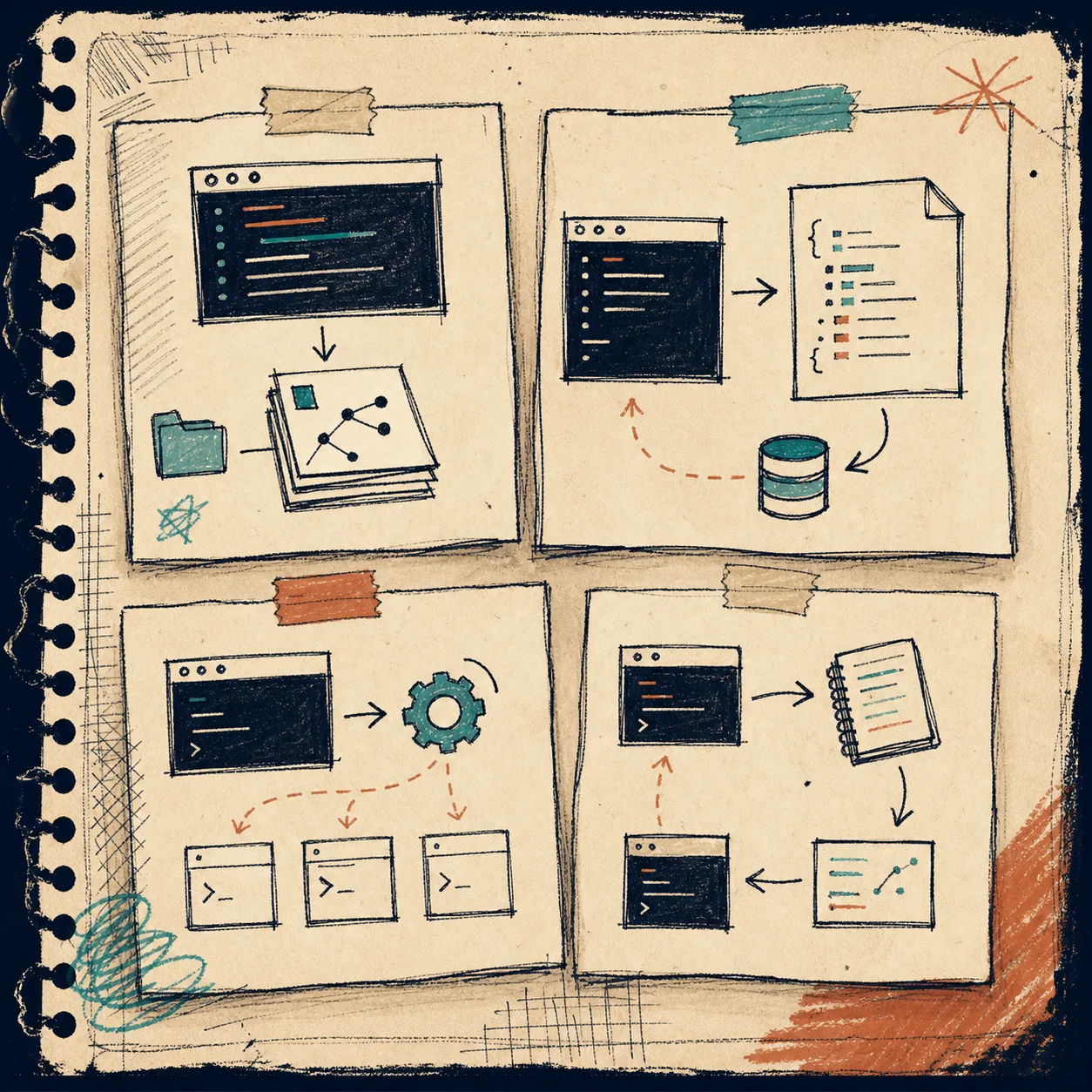 Notebook-style grid of dash-p workflow patterns