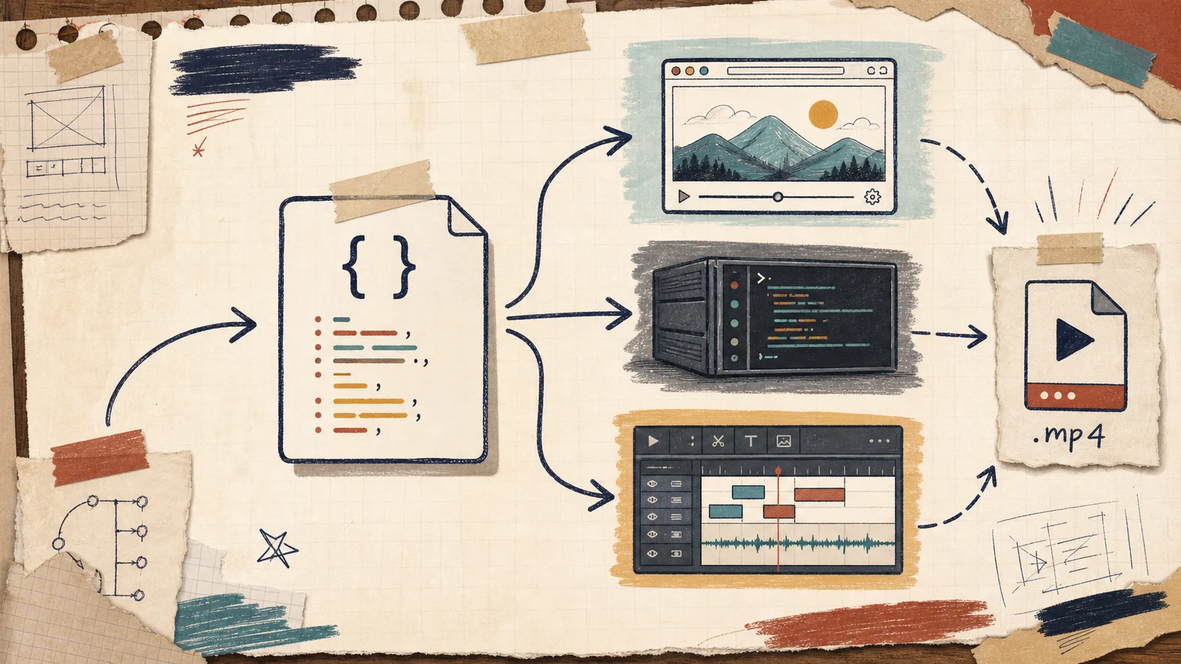 Hand-drawn workflow diagram showing one JSON file feeding browser, server, live preview, and MP4 output