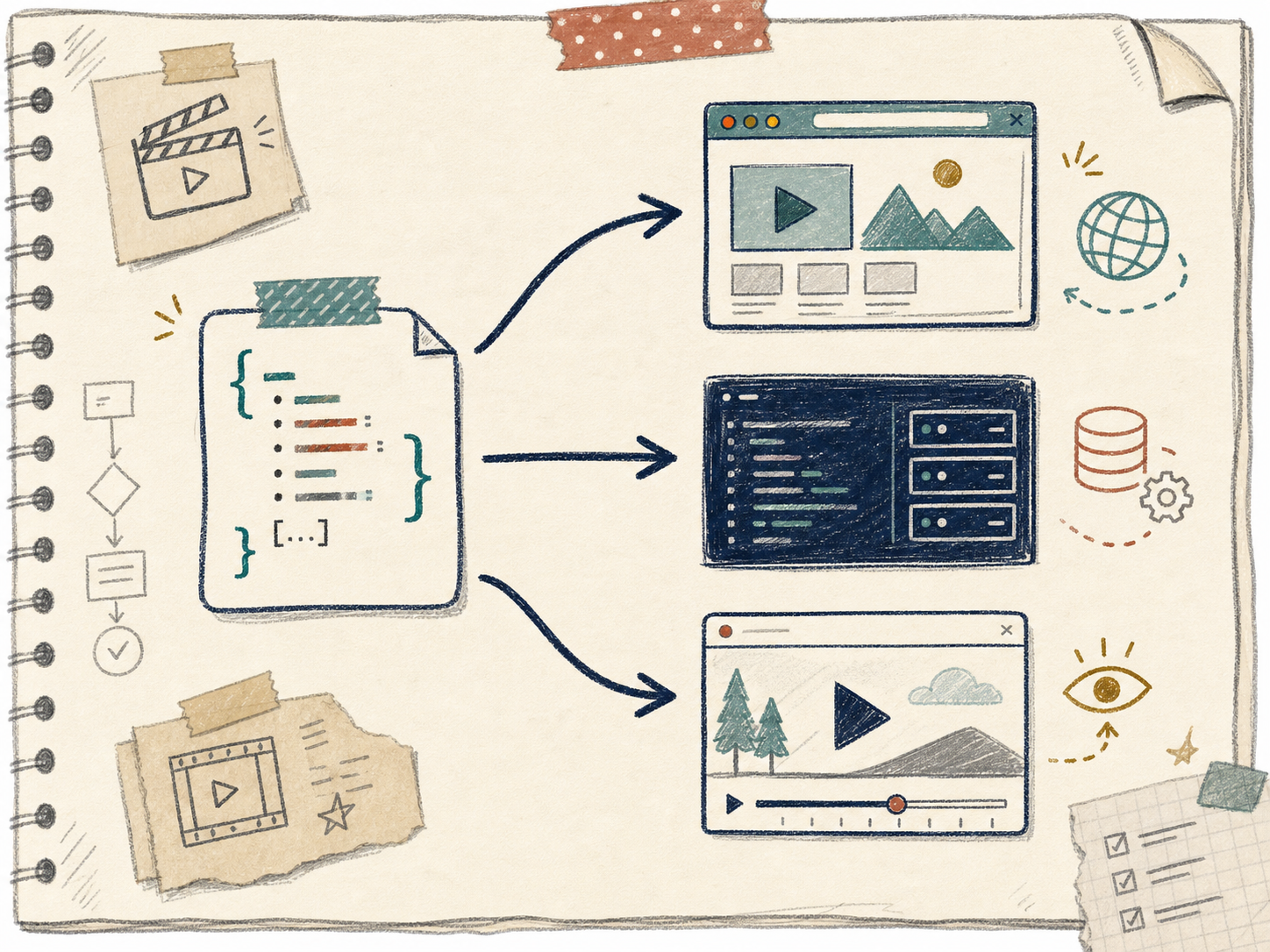 Hand-drawn React video editor sketch with timeline, preview, and inspector panels