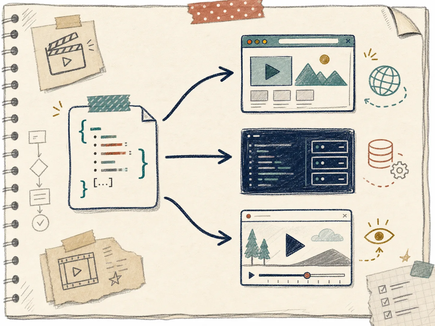 Hand-drawn React video editor sketch with timeline, preview, and inspector panels