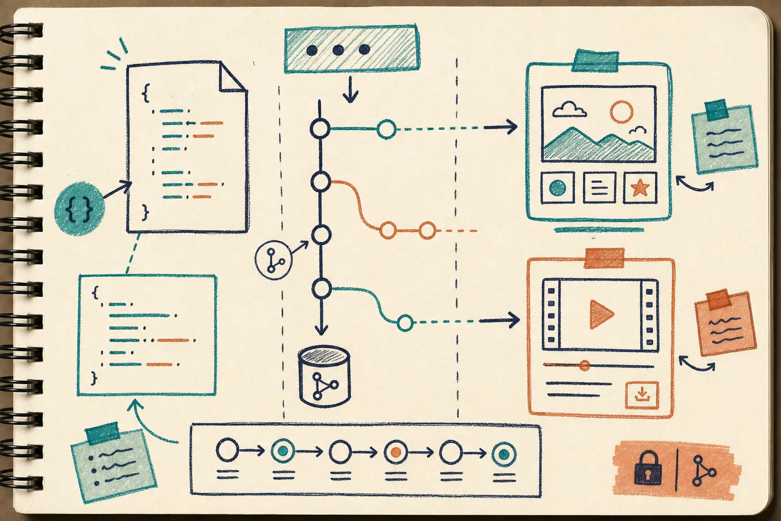 Hand-drawn video workflow diagram with JSON source of truth
