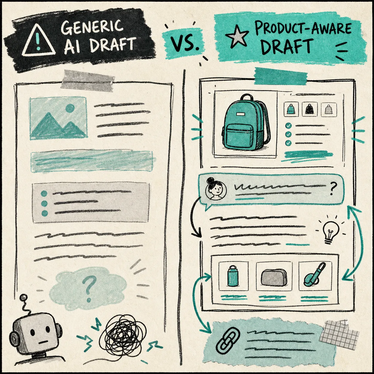 Comparison of a generic AI blog draft and a product-aware draft