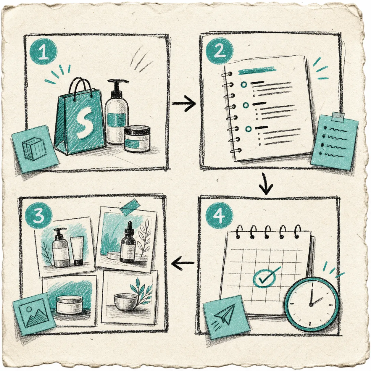 Four-step workflow from product context to scheduled publish