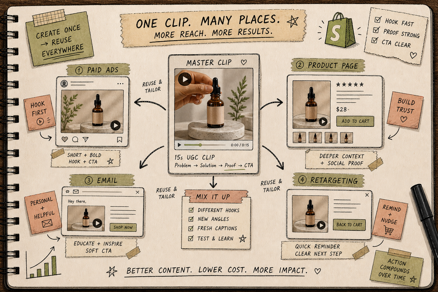 One clip reused across ads, product pages, email, and retargeting
