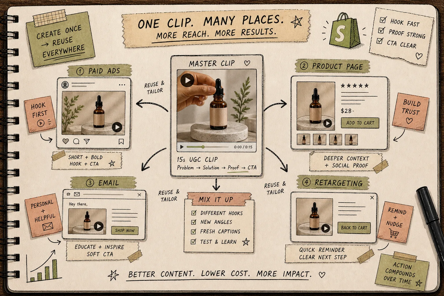 One clip reused across ads, product pages, email, and retargeting