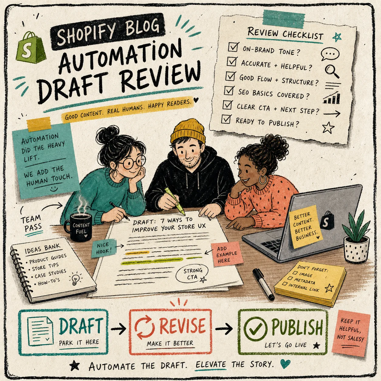 Shopify blog draft review checklist with draft revise publish steps