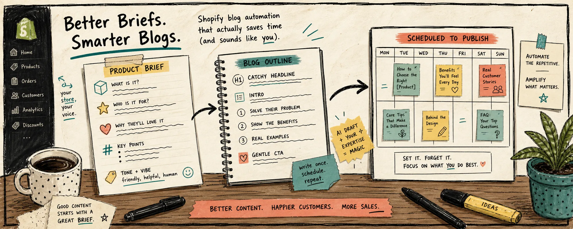 Hand-drawn Shopify blog brief to scheduled post workflow