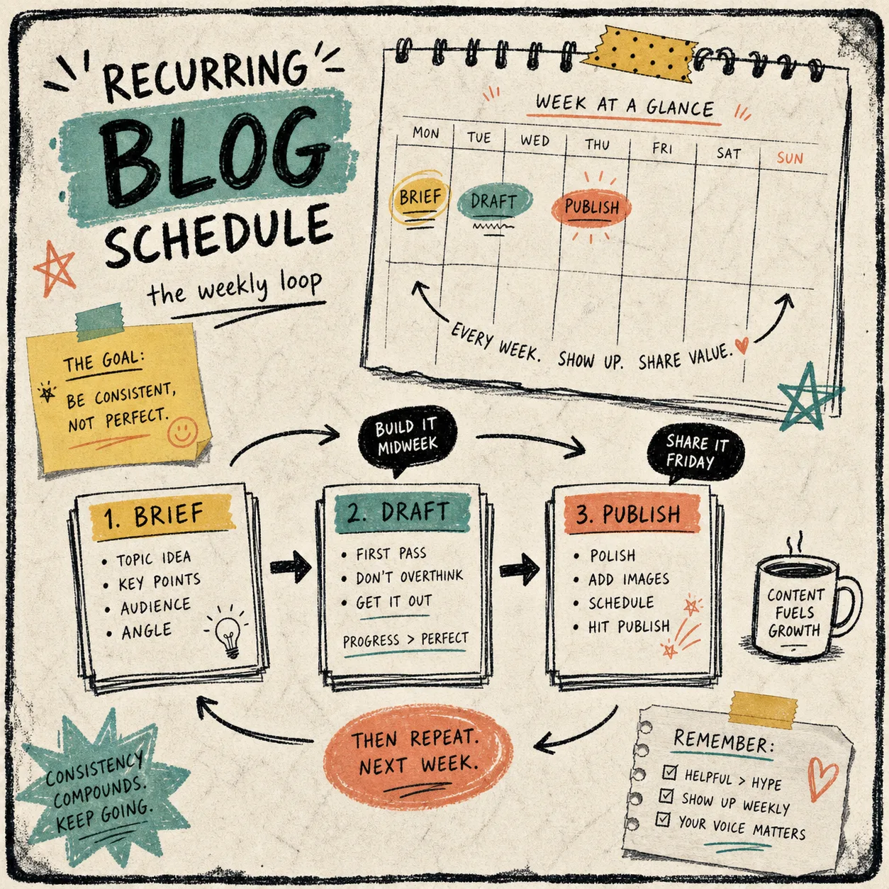 Recurring blog schedule showing a weekly brief draft publish loop