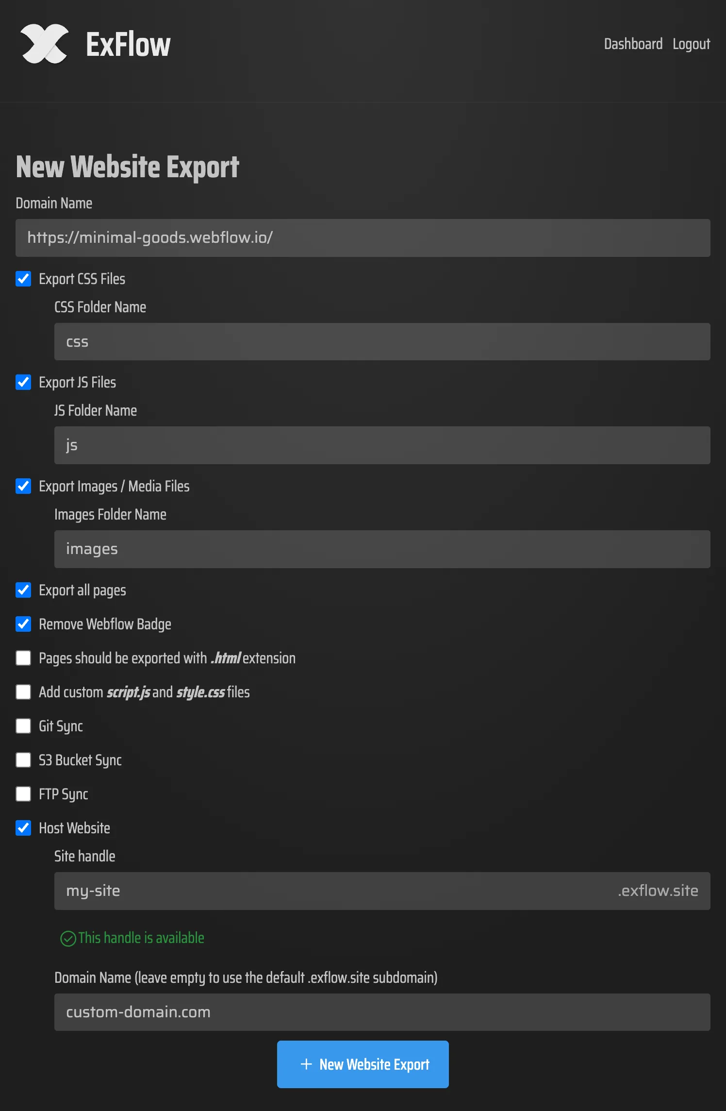 ExFlow export configuration screenshot