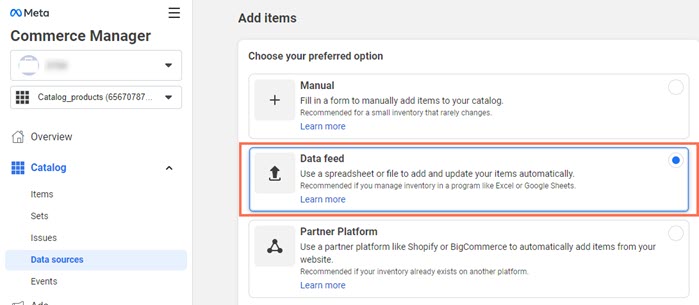 Meta Business dashboard — Data feed selection screenshot