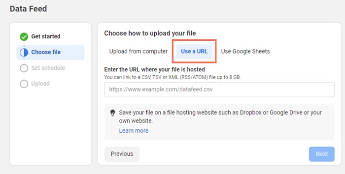 Meta Business dashboard — Data feed URL input