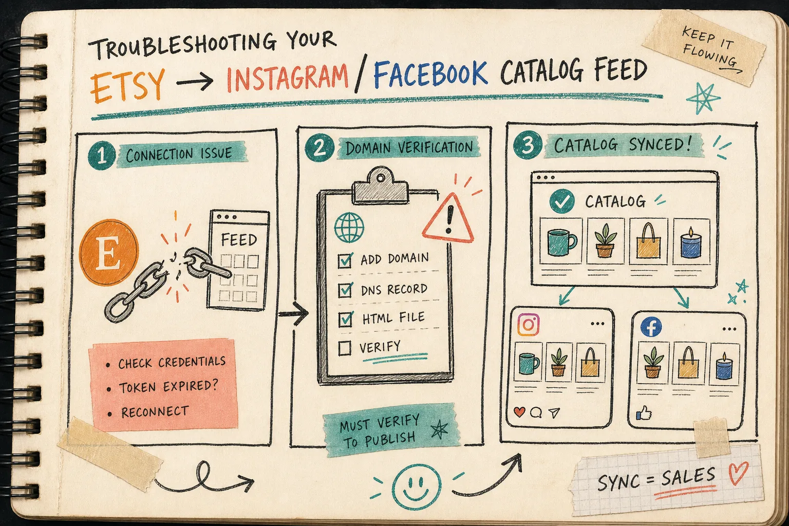 Hand-drawn troubleshooting panel for Etsy catalog sync