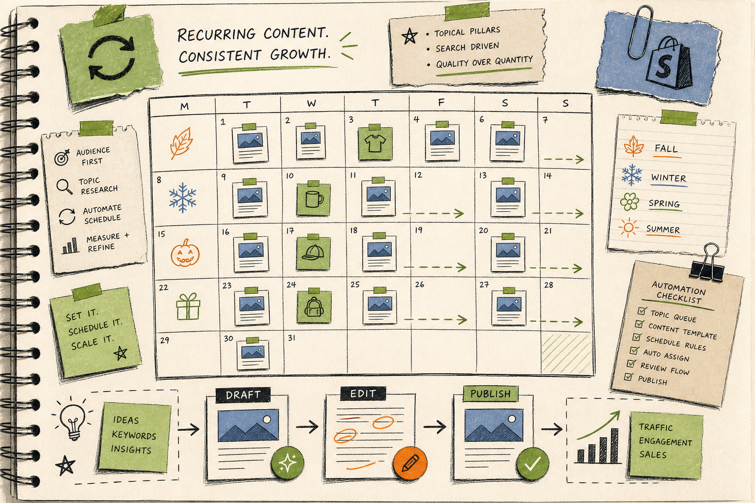 Recurring content calendar with draft, edit, and publish flow