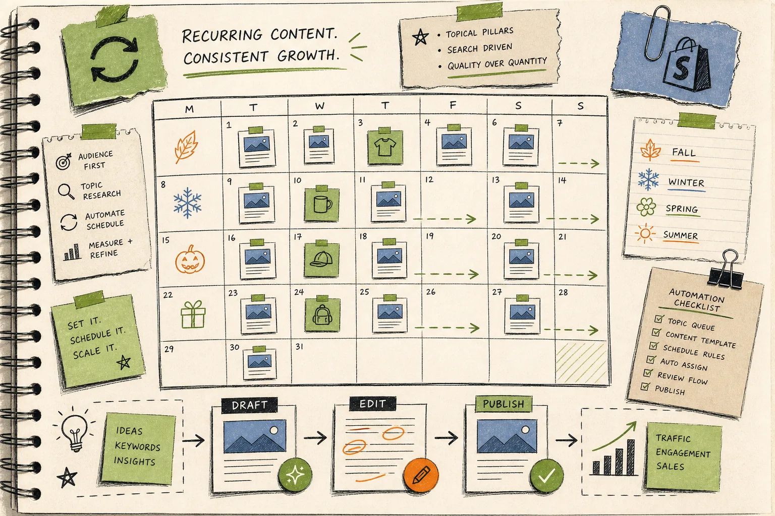 Recurring content calendar with draft, edit, and publish flow
