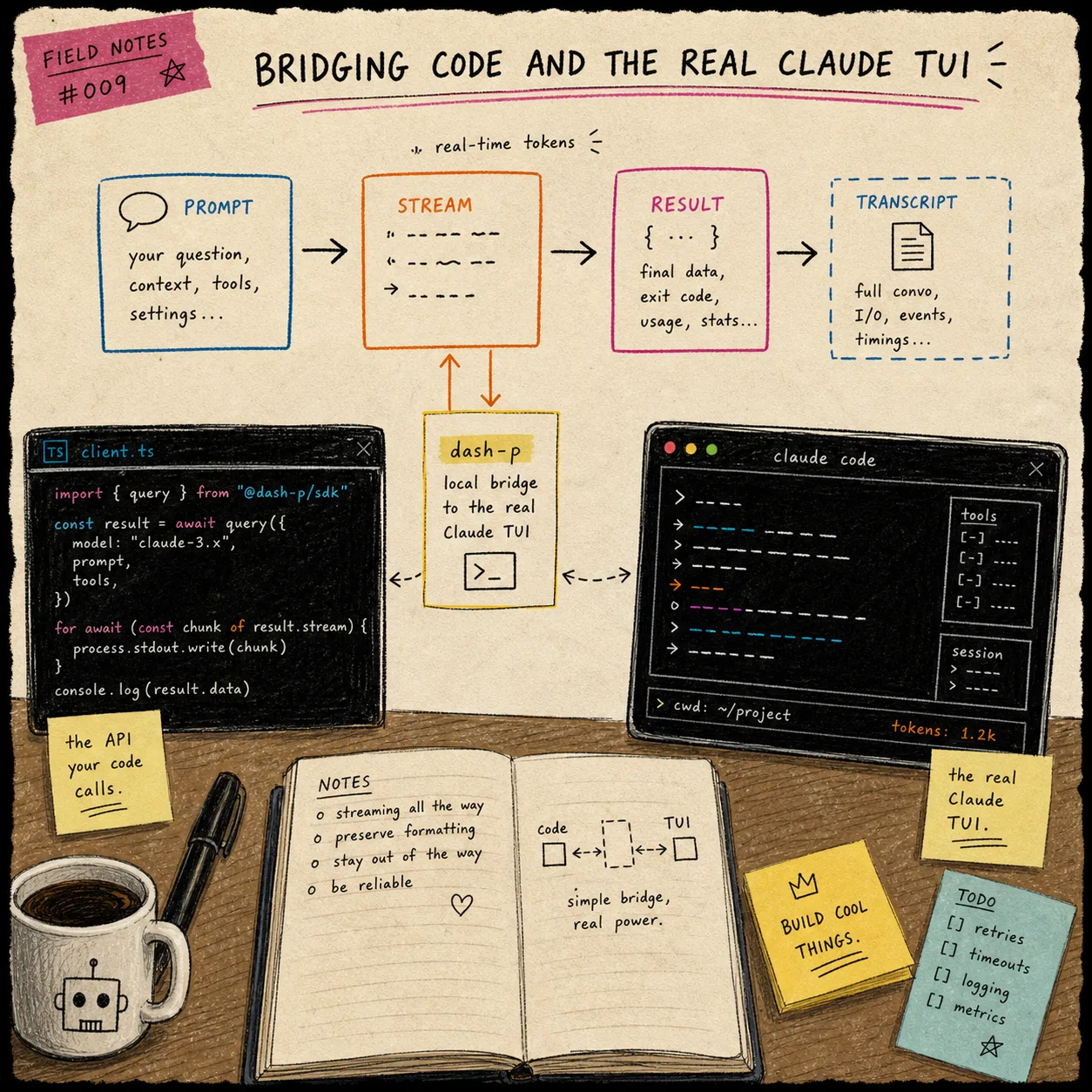 A notebook sketch of the prompt, stream, result, and transcript flow