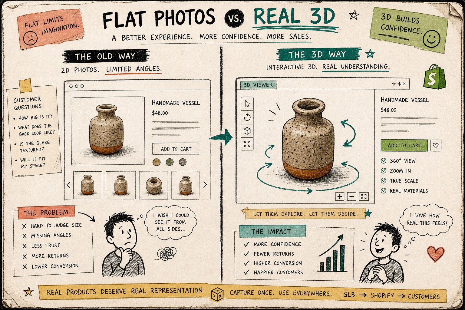 A split view showing a flat product gallery on one side and an interactive 3D model on the other