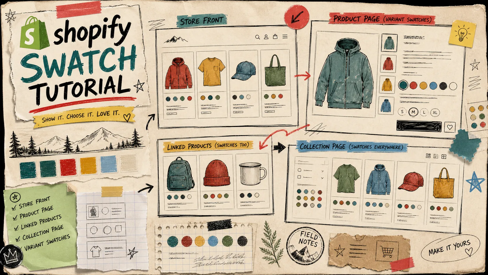 Hand-drawn notebook banner for Shopify swatches