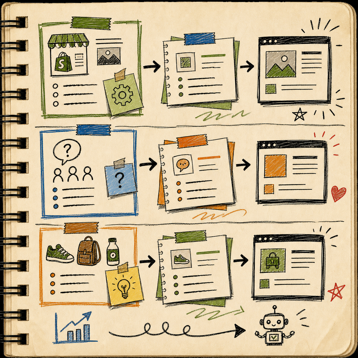 Hand-drawn planning board for Shopify blog topics