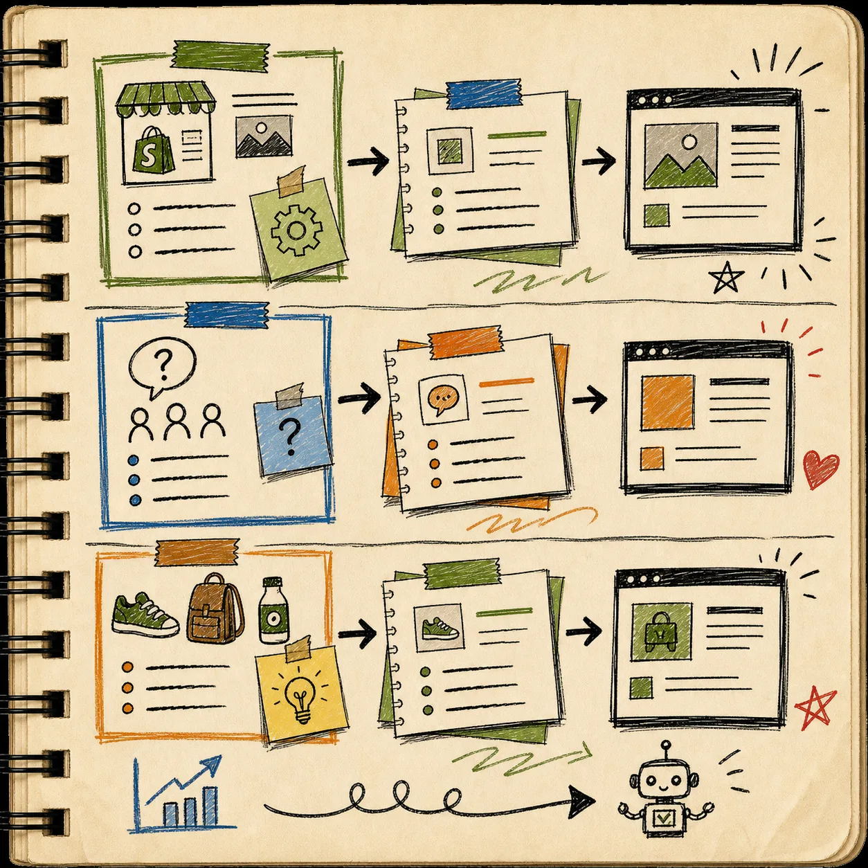 Hand-drawn planning board for Shopify blog topics