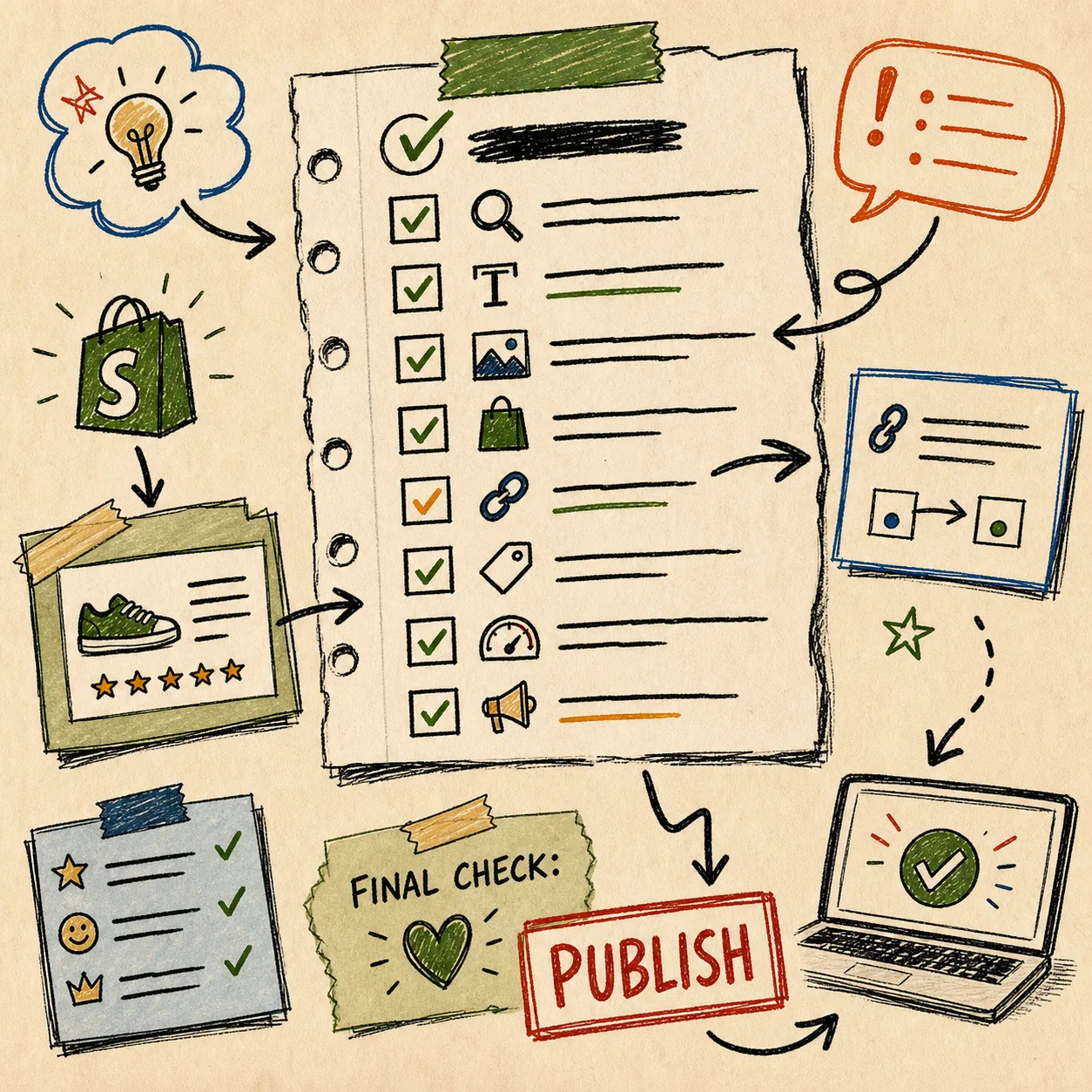 Hand-drawn review checklist for AI blog drafts