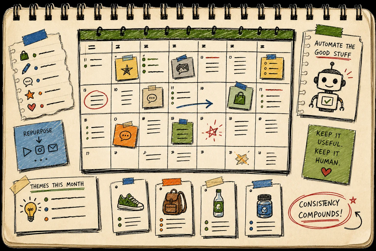 Hand-drawn content calendar for recurring Shopify posts