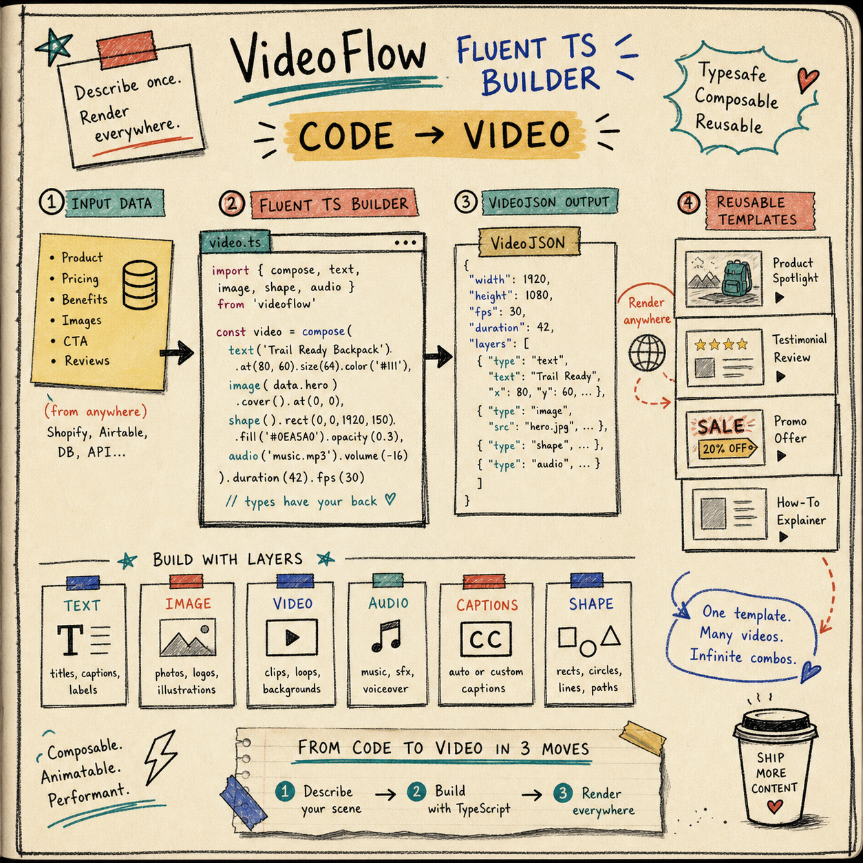 VideoFlow TypeScript builder turning data into reusable video JSON