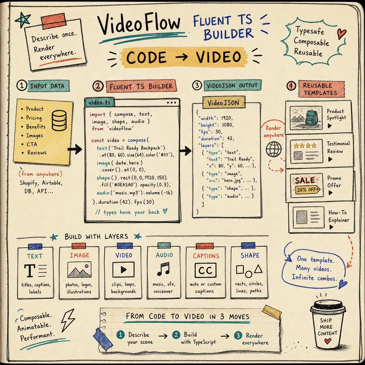 VideoFlow TypeScript builder turning data into reusable video JSON