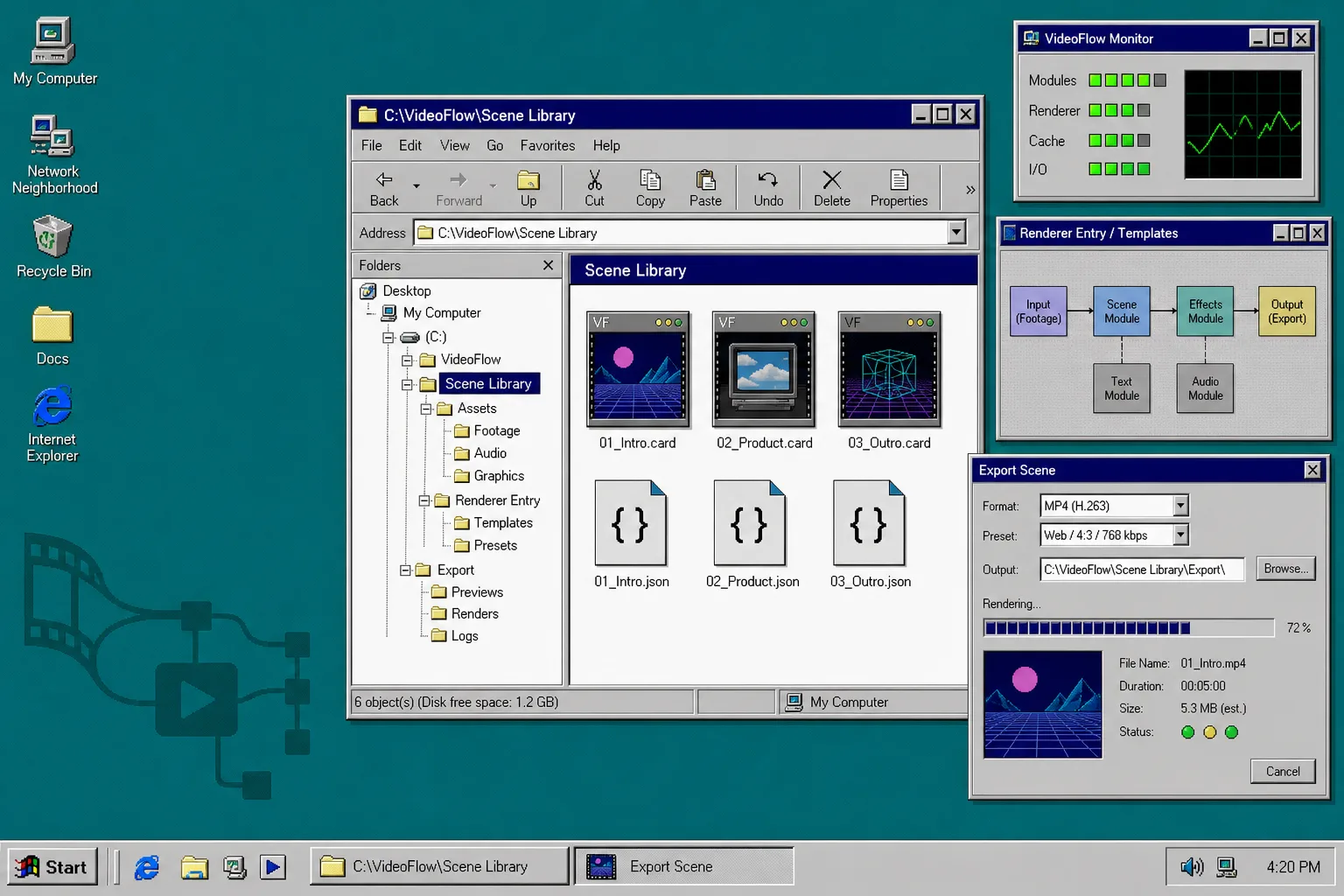 VideoFlow scene library banner showing a reusable project in a retro desktop window
