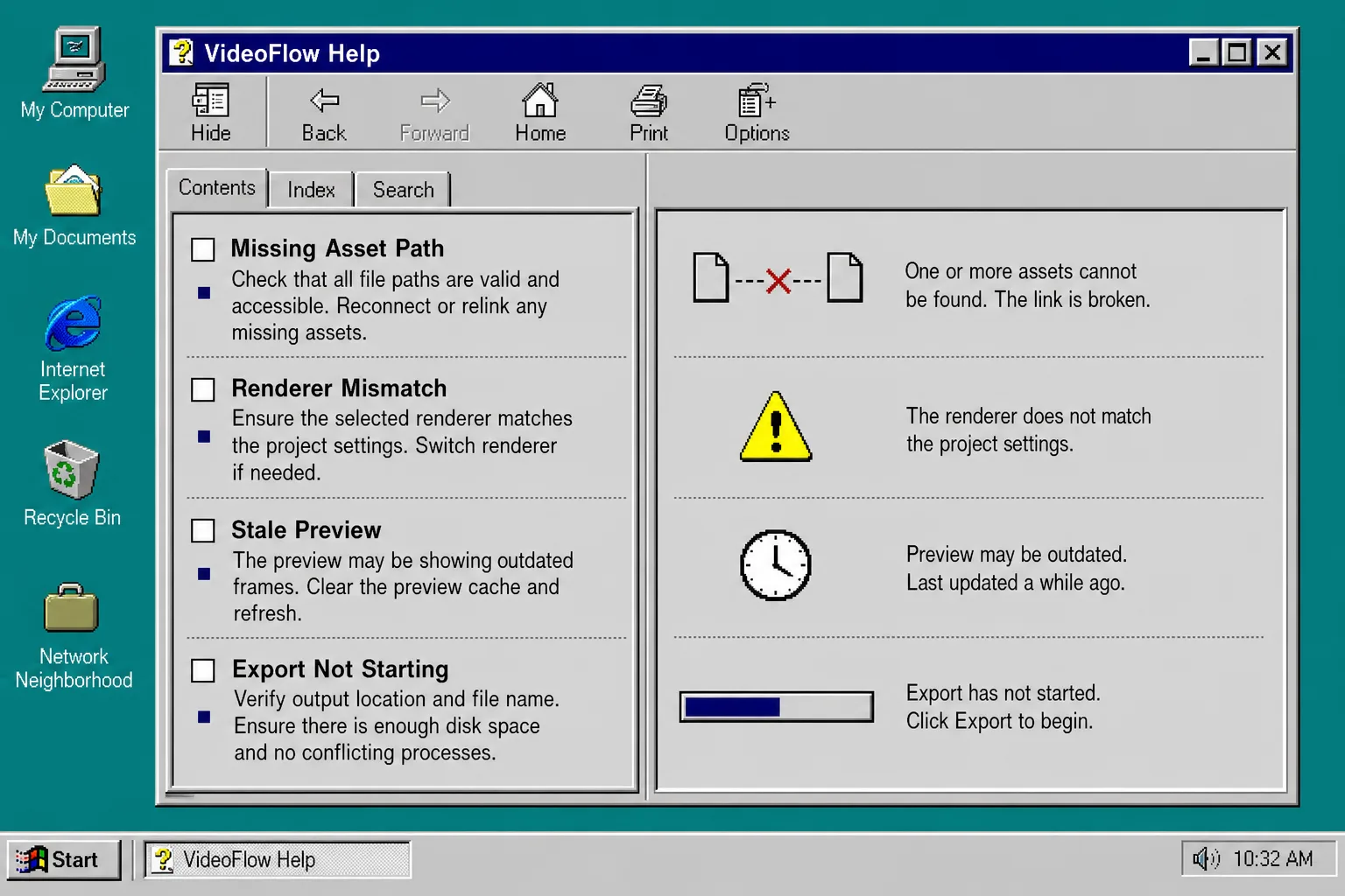VideoFlow troubleshooting checklist for missing assets renderer mismatch stale preview and export issues