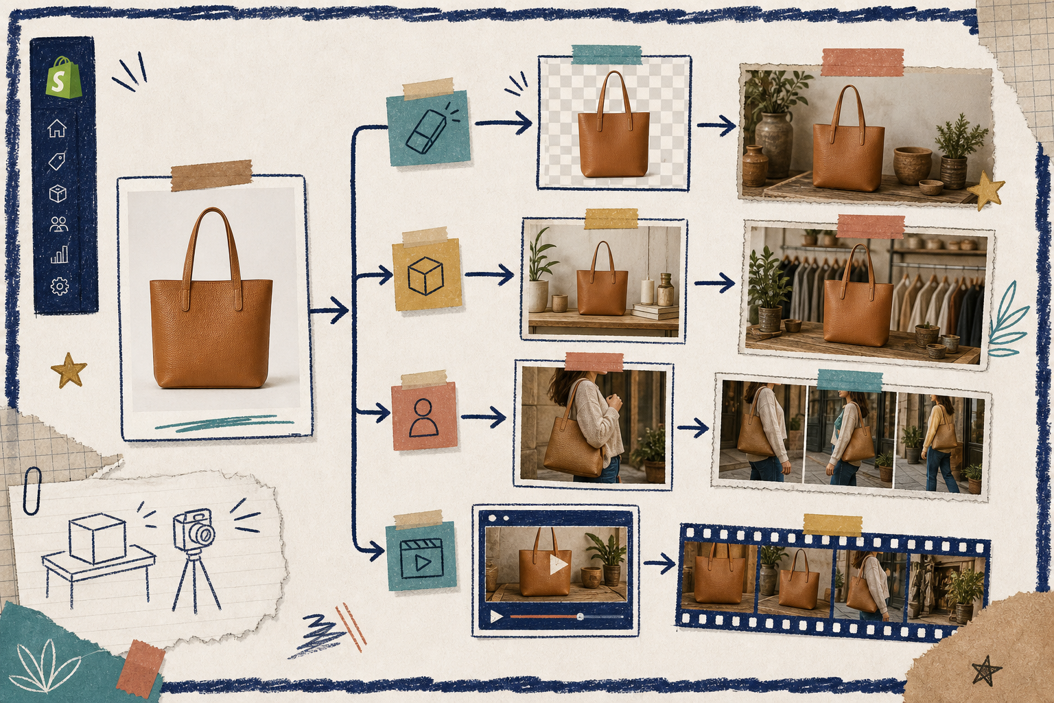 Workflow map from source photo to AI outputs
