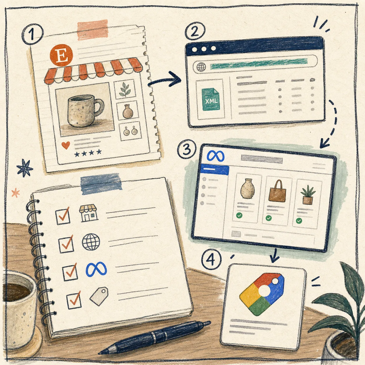 Hand-drawn setup checklist for Etsy catalog feeds