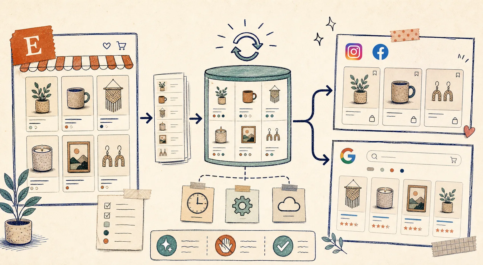 Hand-drawn synced catalog workflow for Etsy shops