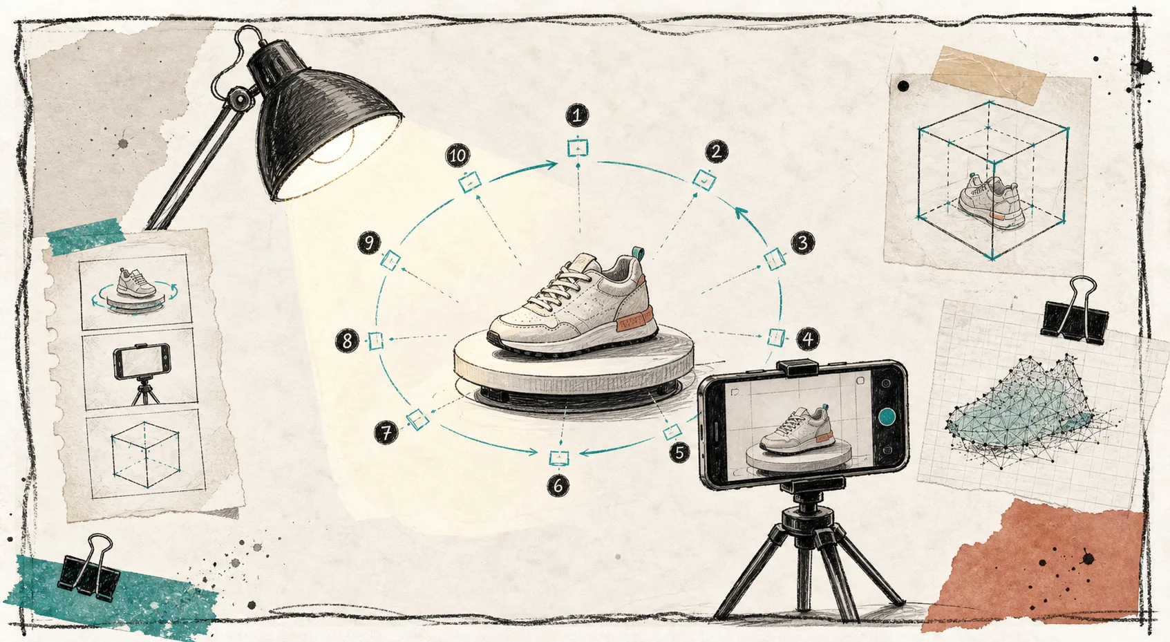 Hand-drawn 3D capture setup with a phone, lamp, and orbit path