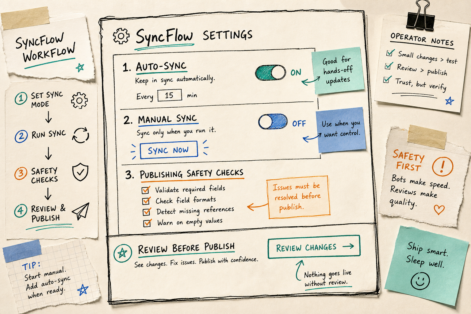 Hand-drawn SyncFlow settings board showing auto-sync, manual sync, and publish checks