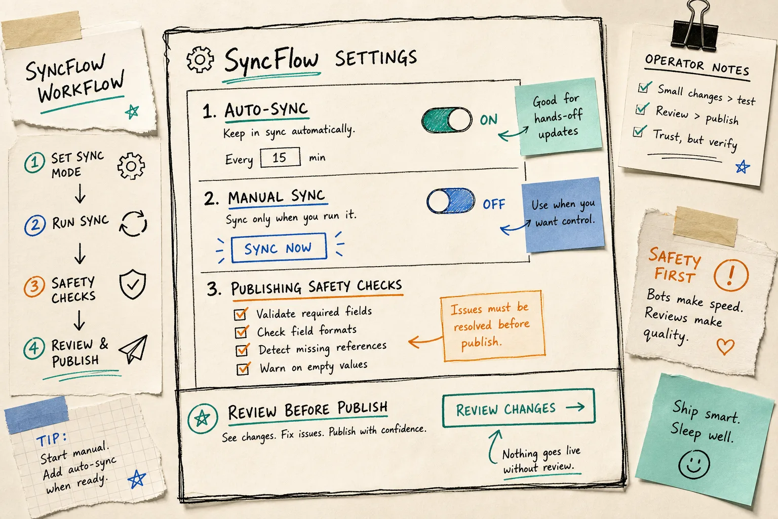 Hand-drawn SyncFlow settings board showing auto-sync, manual sync, and publish checks