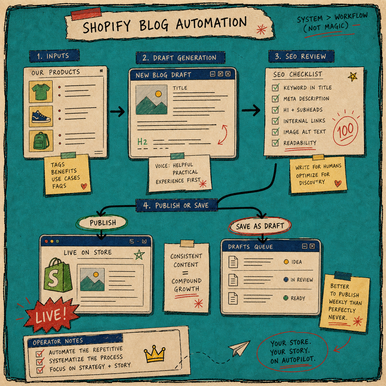 Workflow sketch from product notes to review and publish