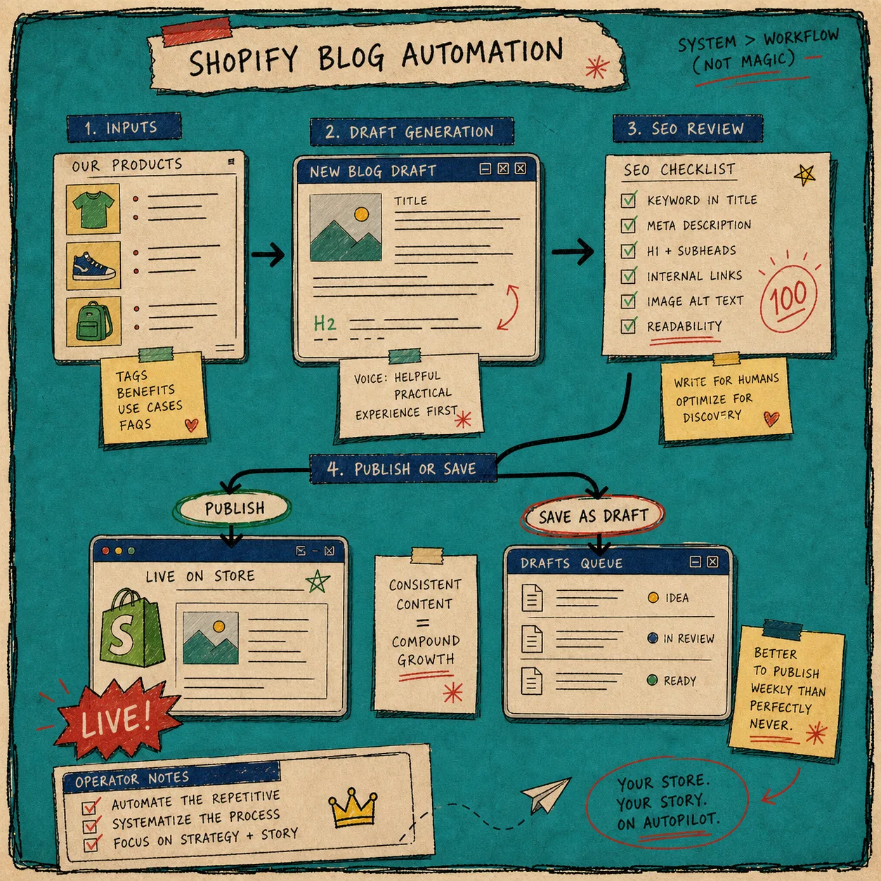 Workflow sketch from product notes to review and publish