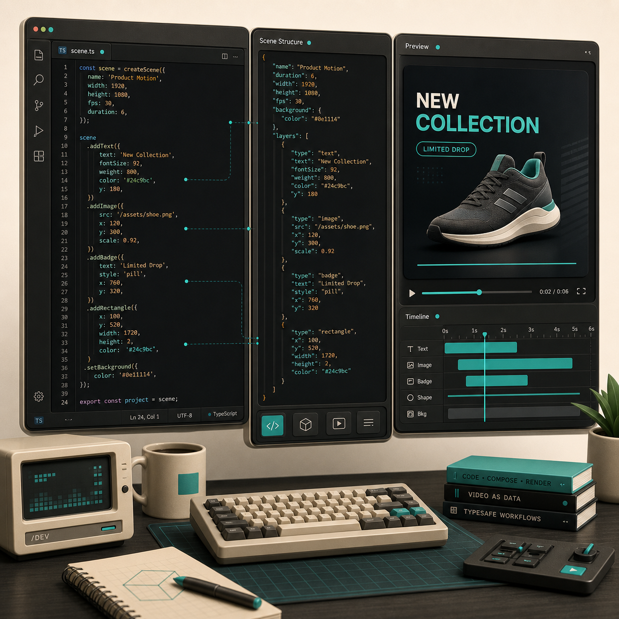 Hand-drawn workflow illustration of one product photo becoming catalog, lifestyle, try-on, and video assets