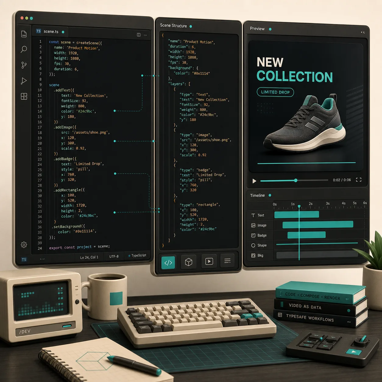 Hand-drawn workflow illustration of one product photo becoming catalog, lifestyle, try-on, and video assets