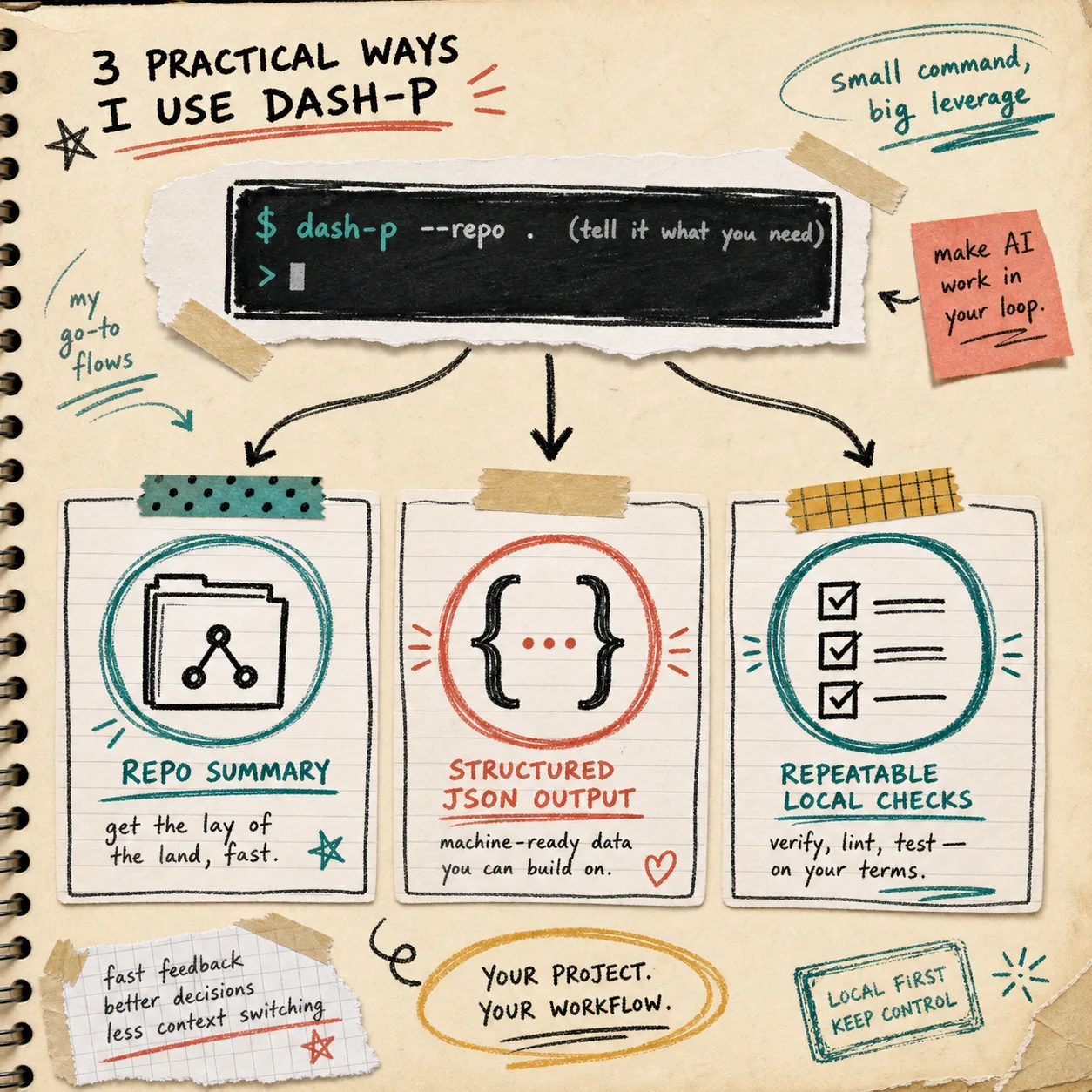 Hand-drawn panel of three practical dash-p workflows
