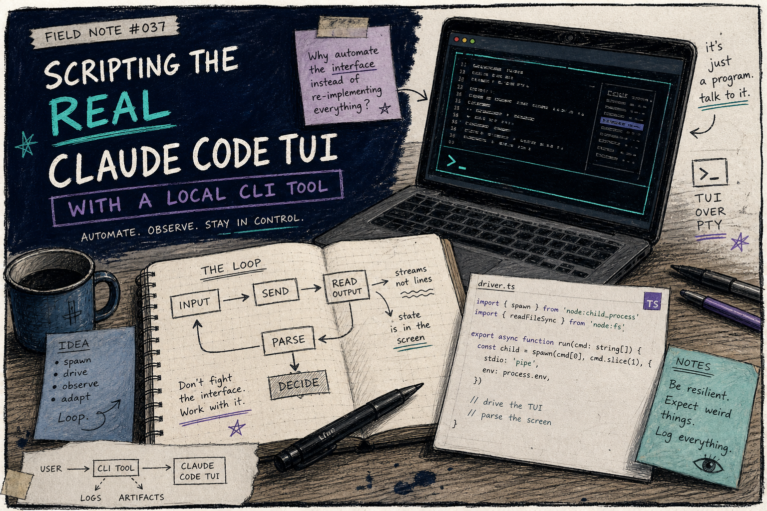 Hand-drawn banner for scripting the real Claude Code TUI
