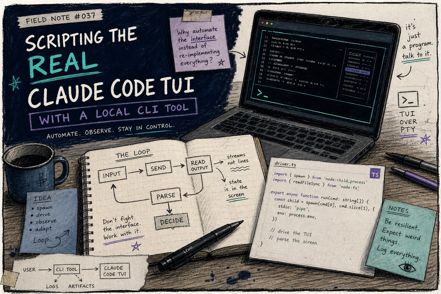 Hand-drawn banner for scripting the real Claude Code TUI