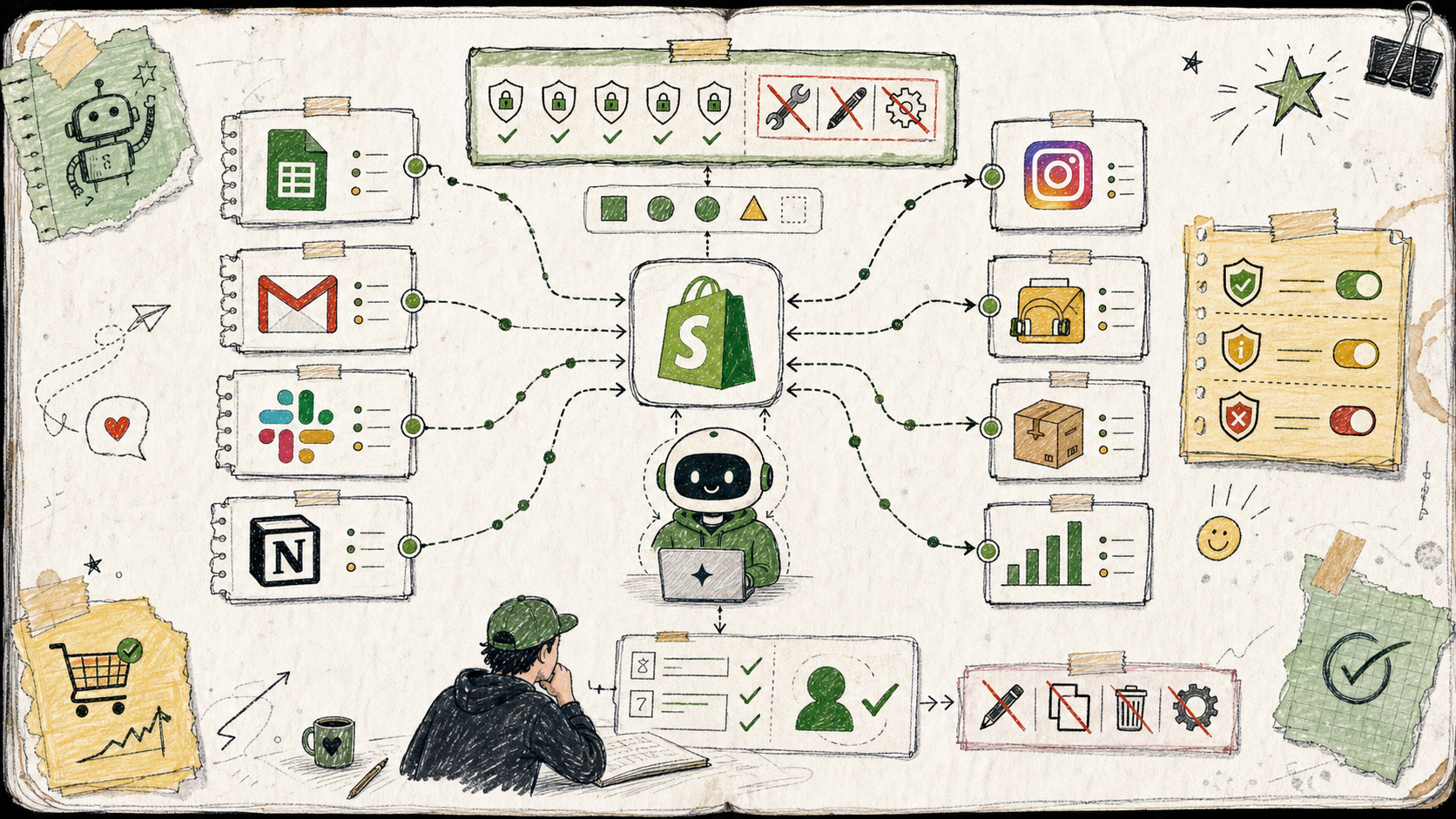 Shopify automation map linking tools with scoped access