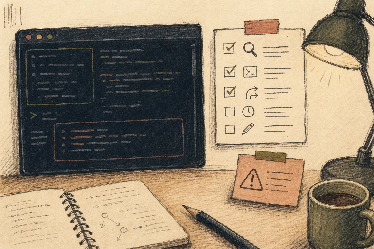 Hand-drawn cautionary desk scene about the limits of terminal automation