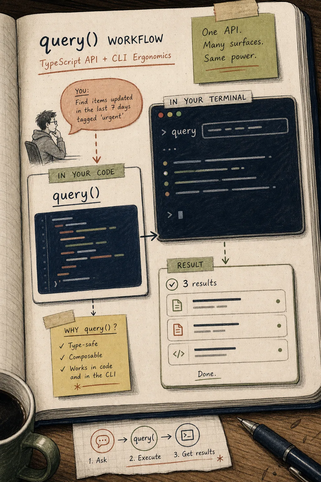 Notebook-style illustration of a TypeScript query() workflow beside a terminal