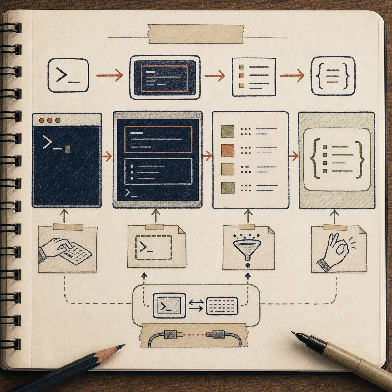 Hand-drawn workflow diagram of dash-p driving the real Claude Code terminal